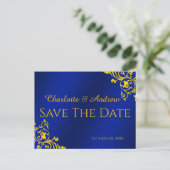 Royal Blue und Gold Save the Date Postkarte (Stehend Vorderseite)