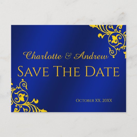Royal Blue und Gold Save the Date Postkarte (Vorderseite)