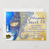 Royal Blue und Gold Sweet 16 Masquerade Party Einladung (Vorderseite)