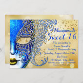 Royal Blue und Gold Sweet 16 Masquerade Party Einladung (Vorne/Hinten)