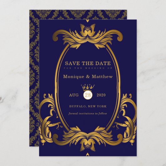 Royal Blue und Gold Wedding speichern die Datumska Einladung (Vorne/Hinten)