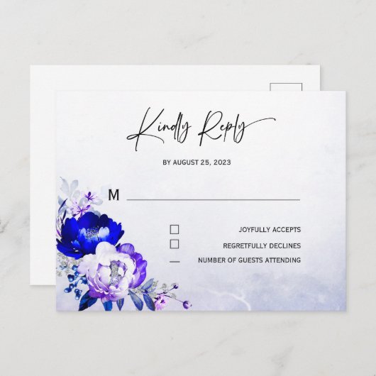 Royal Blue und Lila Wedding RSVP Postkarte (Vorne/Hinten)