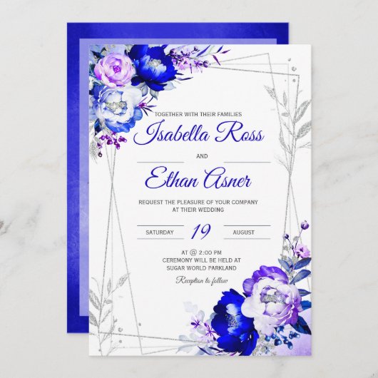 Royal Blue und Lila Wedding Theme Einladung (Vorne/Hinten)