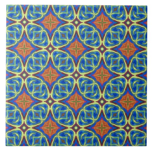 Royal Blue und Orange Gemusterte Keramik Tile Fliese (Vorderseite)