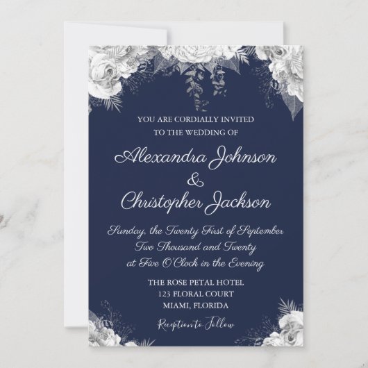 Royal Blue und Pearl White Floral Wedding Einladung (Vorderseite)