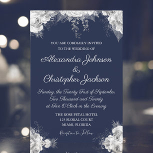 Royal Blue und Pearl White Floral Wedding Einladung