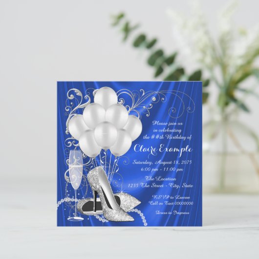 Royal Blue und Silver Birthday Party Einladung (Stehend Vorderseite)