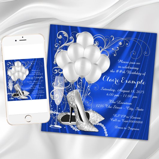 Royal Blue und Silver Birthday Party Einladung