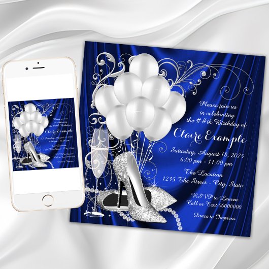 Royal Blue und Silver Birthday Party Luxe Einladung