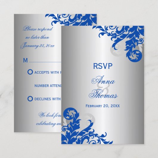 Royal Blue und Silver Blüh Wedding RSVP Karte (Vorne/Hinten)