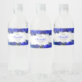 Royal Blue und Silver Floral Quinceanera Wasserflaschenetikett