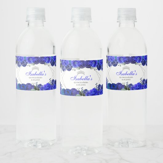 Royal Blue und Silver Floral Quinceanera Wasserflaschenetikett (Flaschen)