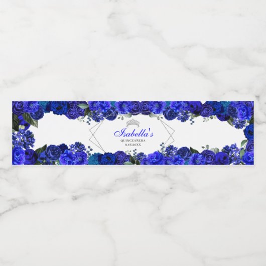 Royal Blue und Silver Floral Quinceanera Wasserflaschenetikett (Einzelnes Label)