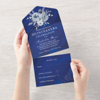 Royal Blue und Silver Floral Quinceñera All In One Einladung