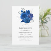 Royal Blue und Silver Floral Quinceñera Einladung (Stehend Vorderseite)