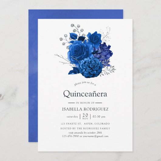 Royal Blue und Silver Floral Quinceñera Einladung (Vorne/Hinten)