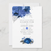 Royal Blue und Silver Floral Wedding Einladung (Vorderseite)