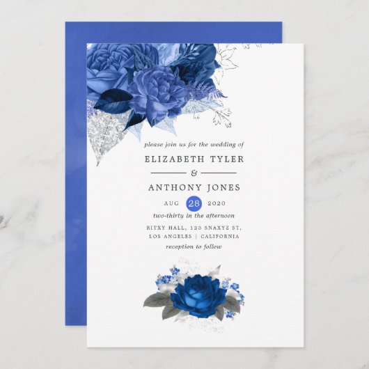 Royal Blue und Silver Floral Wedding Einladung (Vorne/Hinten)