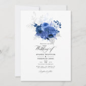 Royal Blue und Silver Floral Wedding Foto Einladung (Vorderseite)