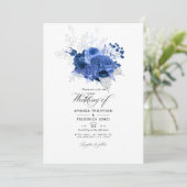 Royal Blue und Silver Floral Wedding Foto Einladung (Stehend Vorderseite)