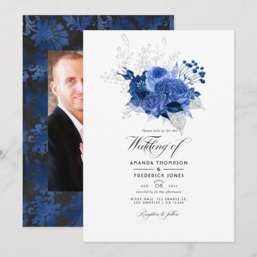 Royal Blue und Silver Floral Wedding Foto Einladung (Vorne/Hinten)