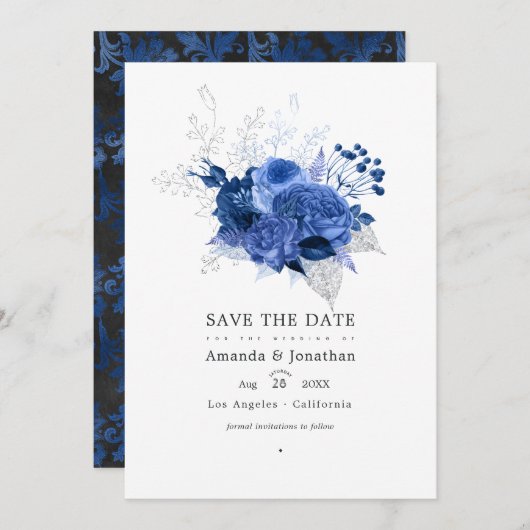 Royal Blue und Silver Floral Wedding Foto Save The Date (Vorne/Hinten)