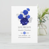 Royal Blue und Silver Floral Wedding Save The Date (Stehend Vorderseite)