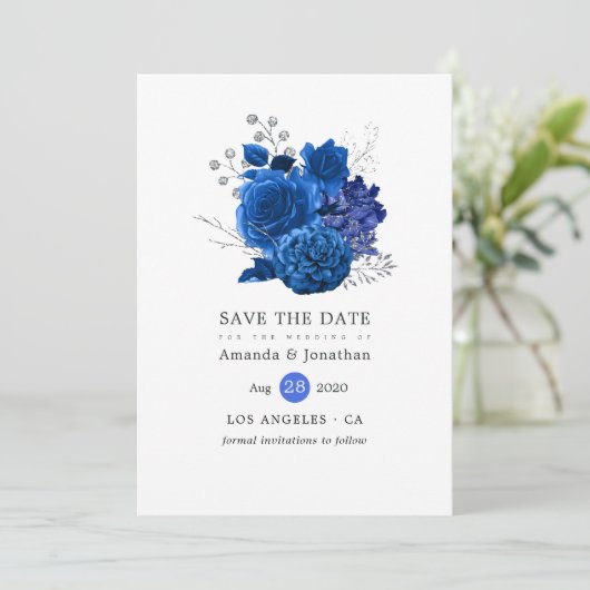 Royal Blue und Silver Floral Wedding Save The Date (Stehend Vorderseite)