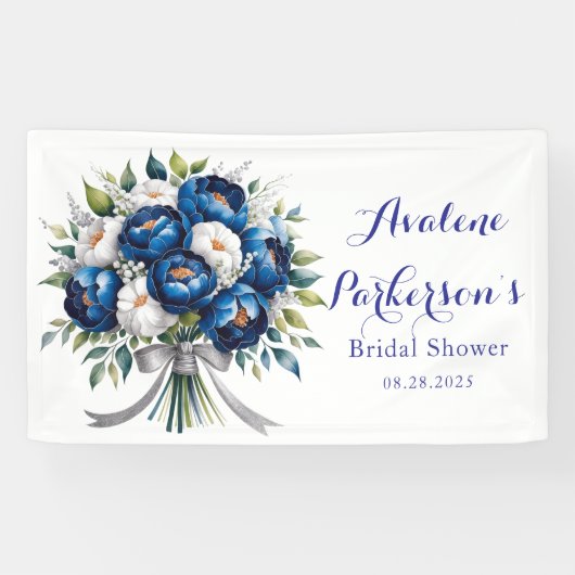 Royal Blue und Silver Glittery Peony Brautparty Banner (Horizontal)