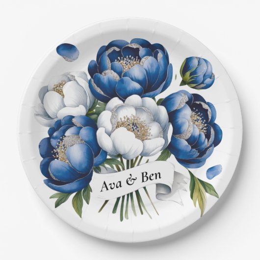 Royal Blue und Silver Glittery Peony Wedding Pappteller (Vorderseite)