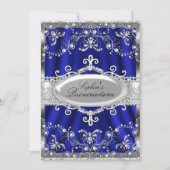 Royal Blue und Silver Jewel Damask Quinceanera Einladung (Vorderseite)