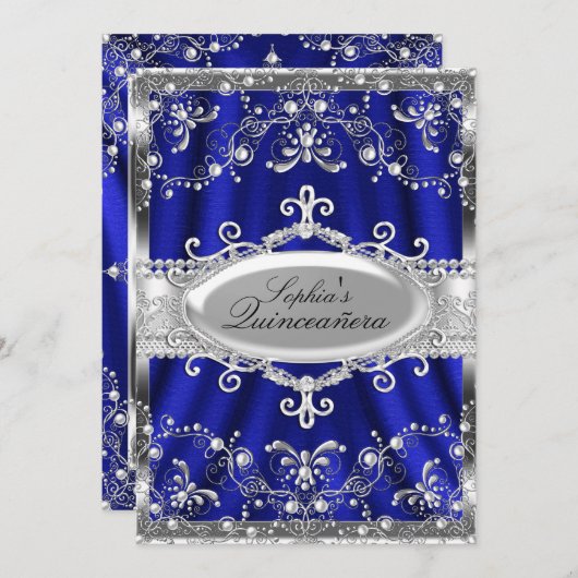 Royal Blue und Silver Jewel Damask Quinceanera Einladung (Vorne/Hinten)