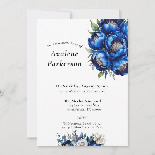 Royal Blue und Silver Peony Junggeselinnen-Abschie Einladung (Vorderseite)