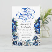 Royal Blue und Silver Peony Wedding Calligraphy Einladung (Stehend Vorderseite)