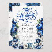 Royal Blue und Silver Peony Wedding Calligraphy Einladung (Vorne/Hinten)
