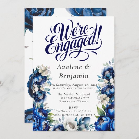 Royal Blue und Silver Peony Wir sind Verlobt Einladung (Vorne/Hinten)