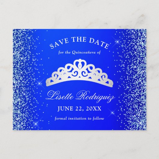 Royal Blue und Silver Quinceanera Save the Date Postkarte (Vorderseite)
