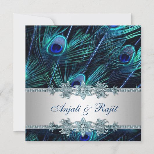 Royal Blue und Silver Royal Blue Peacock Wedding Einladung (Vorderseite)
