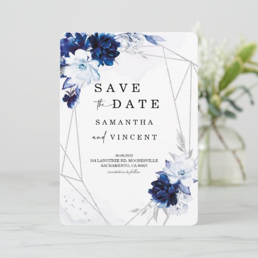 Royal Blue und Silver Save the Date Einladung (Stehend Vorderseite)