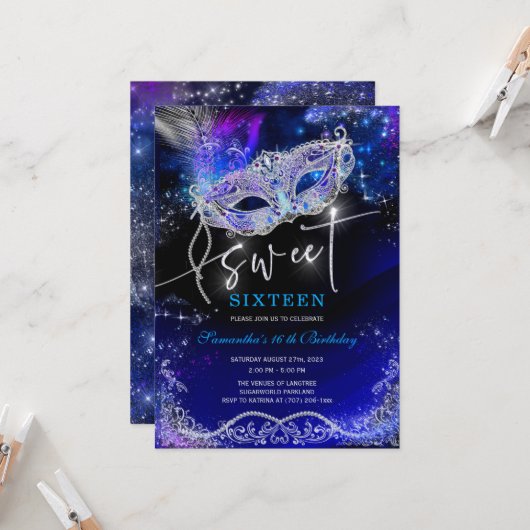 Royal Blue und Silver Sweet 16 Dekorationen Einladung (Vorderseite/Rückseite Beispiel)