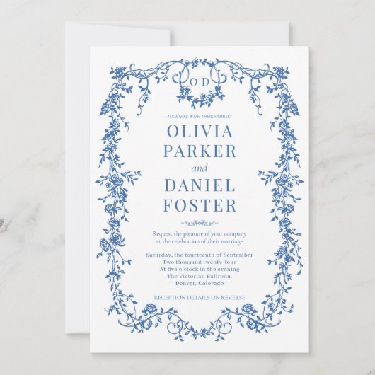 Royal Blue Victorian All in One QR Code Wedding Einladung (Vorderseite)