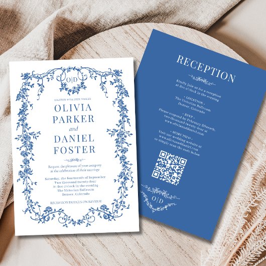 Royal Blue Victorian All in One QR Code Wedding Einladung