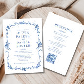 Royal Blue Victorian QR Code All in One Wedding  Einladung