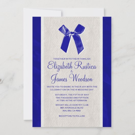 Royal Blue Vintag Bow & Linen Wedding Einladungen (Vorderseite)