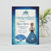 Royal blue Vintag hand fan tiara Quince Einladung (Stehend Vorderseite)