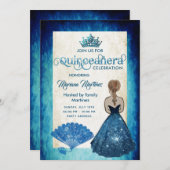 Royal blue Vintag hand fan tiara Quince Einladung (Vorne/Hinten)