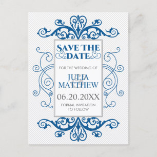 Royal Blue Vintage Wirbel Hochzeitsszenarien speic Ankündigungspostkarte