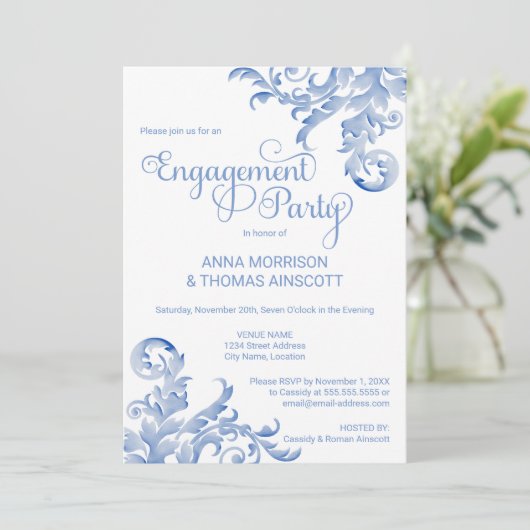 Royal Blue Watercolor Blüh Engagement Party Einladung (Stehend Vorderseite)