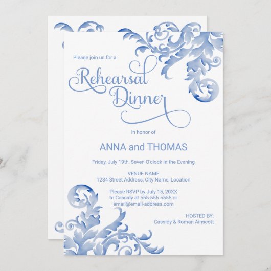 Royal Blue Watercolor Blühe Probe Dinner Einladung (Vorne/Hinten)