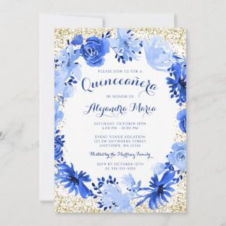 Royal Blue Watercolor Floral Gold Quinceanera Einladung